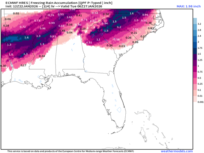 Freezing rain accumulation forecast for Southeast United States