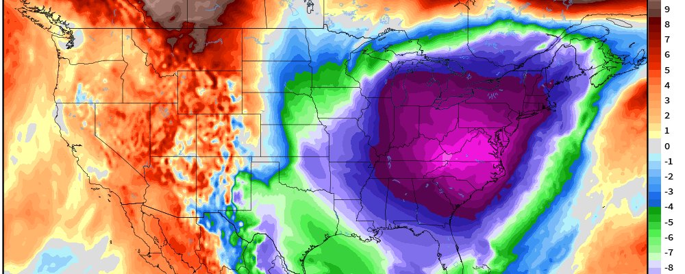 Polar vortex temperature anomaly map showing historic cold across United States