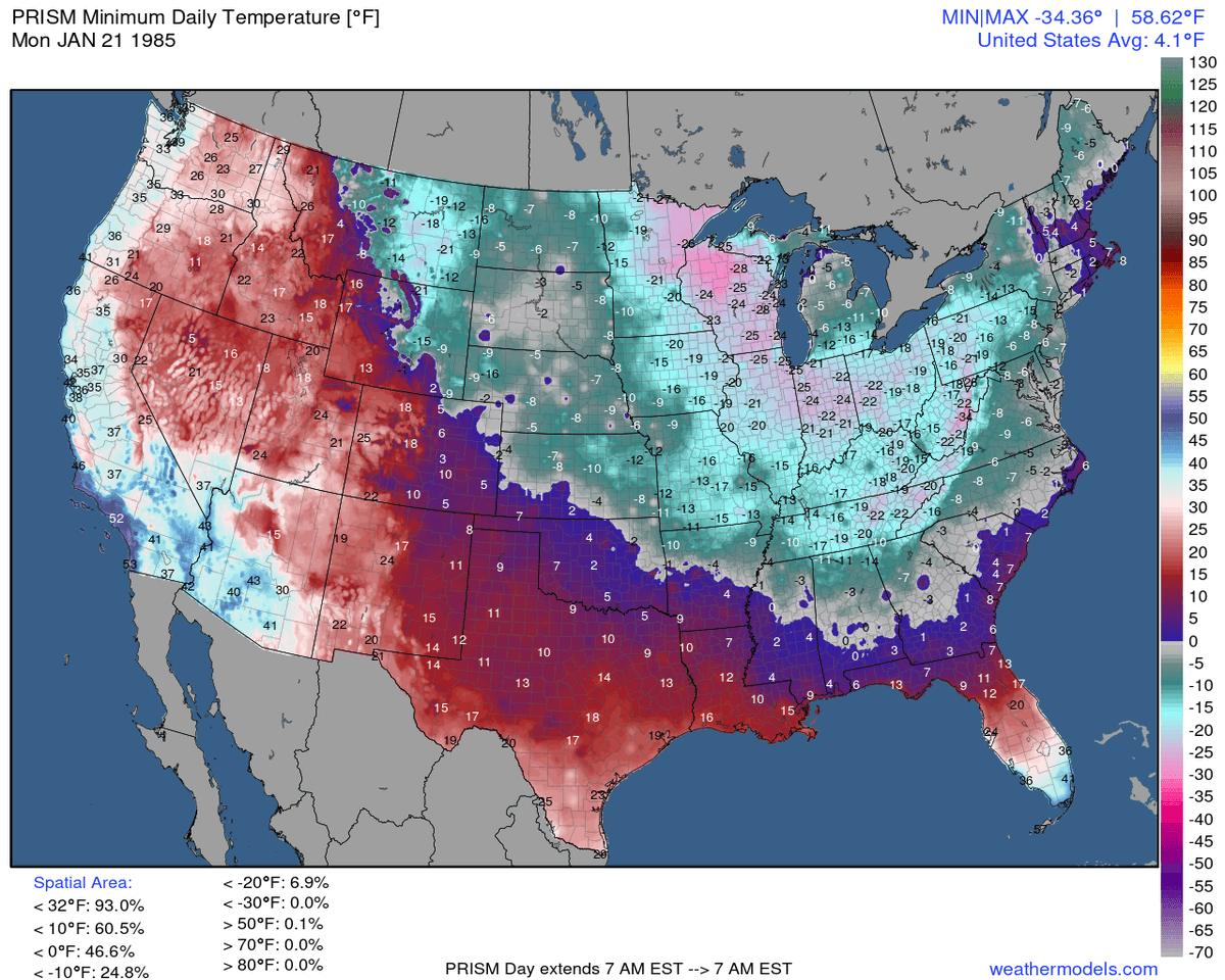 Temperature analysis from January 21, 1985 showing record cold across United States