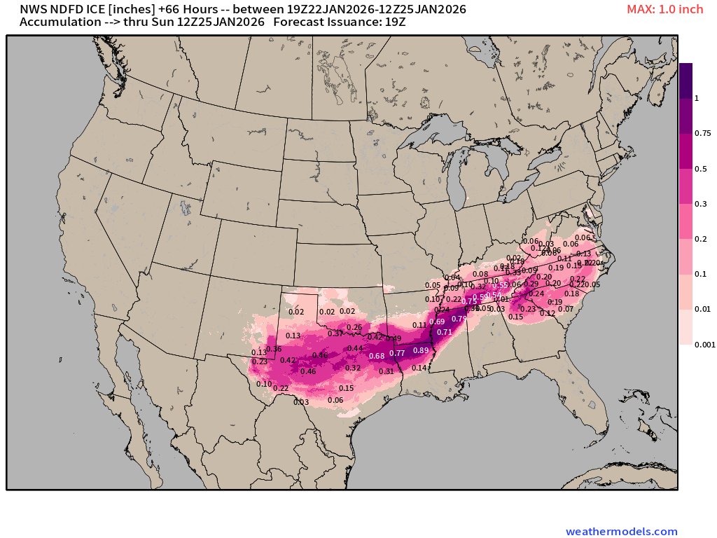 National Weather Service ice accumulation forecast showing up to 1 inch