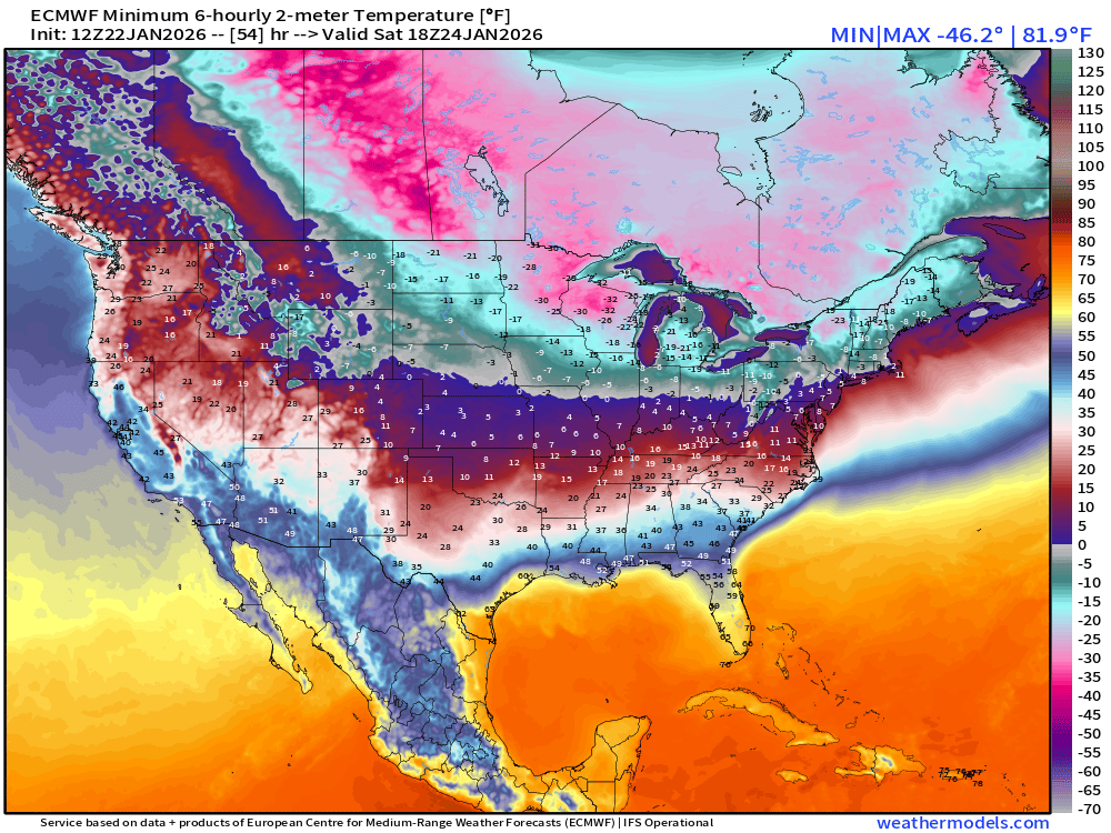 Low temperature forecast for Saturday showing subzero temps across Midwest