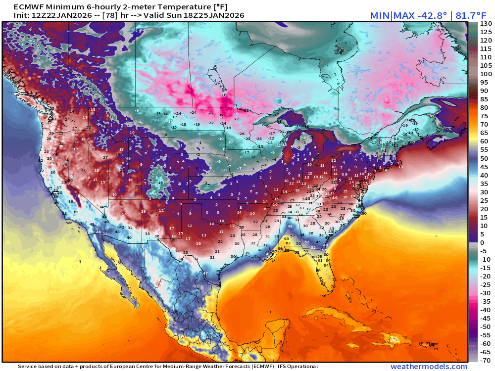 Low temperature forecast for Sunday showing continued extreme cold
