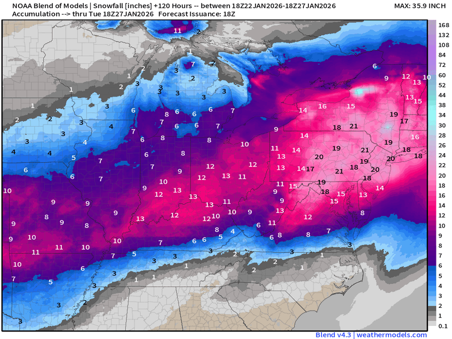 NOAA snowfall forecast showing up to 36 inches across Great Lakes and Northeast